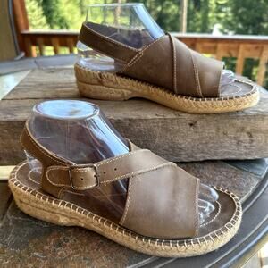 LL Bean Espadrille Chunky Platform Boho Sandals SZ 8.5 Leather Jute Wedge Spain